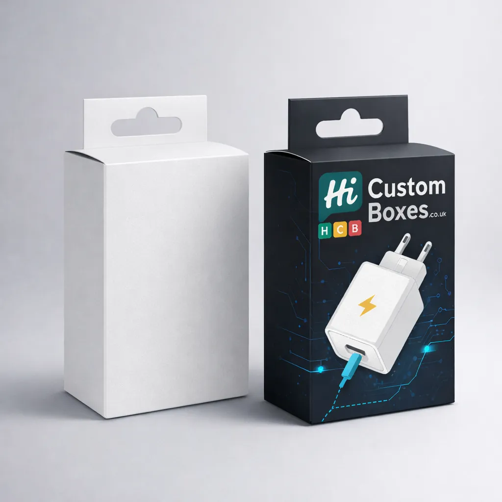 Two retail hanging boxes, one plain white and one black featuring an electronic plug illustration.
